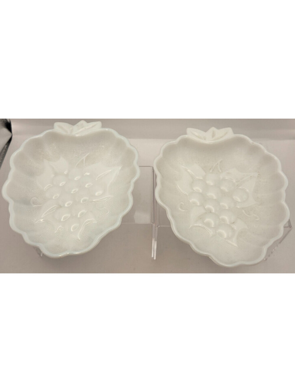 MCM Vintage Milk Glass Berry Bowls Set of 2 White Grape Pattern Dessert Dishes